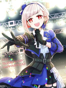 1girl :d black_gloves black_shorts blue_hairband blue_jacket bob_cut braid character_name collared_shirt commentary_request compass_(love_live!) cowboy_shot dated diagonal_bangs dutch_angle gloves hairband happy_birthday highres inverted_bob jacket kanduki_kamibukuro light_particles link!_like!_love_live! long_sleeves looking_at_viewer love_live! official_alternate_costume open_clothes open_jacket open_mouth red_eyes red_hair red_streaks shirt shorts side_braid smile solo virtual_youtuber white_hair white_shirt yugiri_tsuzuri