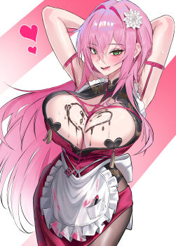 Rule 34 | 1girl, absurdres, apron, arms behind head, arms up, black dress, black pantyhose, blush, breasts, brown pantyhose, chocolate, chocolate bread, chocolate on body, chocolate on breasts, commentary, dress, ear piercing, earrings, elker, flower, food on body, frilled apron, frills, goddess of victory: nikke, green eyes, hair between eyes, hair flower, hair intakes, hair ornament, heart, heart-shaped pupils, heart earrings, heart in eye, heart pasties, highres, huge breasts, jewelry, lipstick, long hair, looking at viewer, maid, maid apron, makeup, mole, mole on breast, mole under eye, open mouth, pantyhose, parted lips, pasties, piercing, pink background, pink dress, pink hair, pink lips, pink rope, red dress, rope, shibari, shibari over clothes, sleeveless, sleeveless dress, smile, solo, sweat, symbol-shaped pupils, symbol in eye, tassel, teeth, thighs, tongue, tongue out, two-tone background, upper teeth only, velvet (nikke), waist apron, white apron, white background, white flower