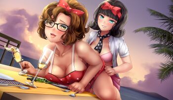 2girls alcohol bikini black_hair black_nails black_necktie blue_eyes blush bow breasts brooke_belrose brown_hair champagne distant_island food fork game_cg glass glasses green_eyes grin hair_bow hair_ornament highres hunie_(series) huniepop_2 huniepop_2:_double_date implied_strap-on liquid multiple_girls necktie ninamo nora_delrio ocean official_art on_table plate red_bow smile spoon swimsuit table teeth tongue tongue_out unbuttoned unbuttoned_shirt yuri