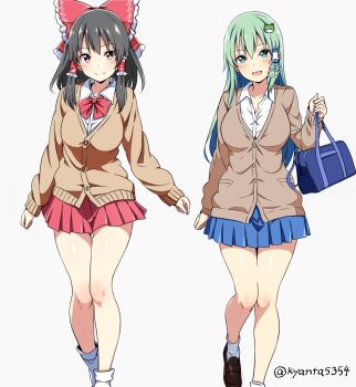 :d alternate_costume arm_at_side bag black_hair black_shoes blue_bag blue_skirt blush bow bowtie breasts brown_cardigan brown_eyes brown_shoes buttons cardigan closed_mouth collared_shirt commentary_request frilled_bow frilled_hair_tubes frills frog_hair_ornament full_body green_eyes green_hair hair_between_eyes hair_bow hair_ornament hair_tubes hakurei_reimu holding holding_bag kochiya_sanae kyanta5354 large_breasts loafers long_hair long_sleeves looking_at_viewer medium_breasts medium_hair miniskirt open_mouth pleated_skirt red_bow red_bowtie red_skirt school_uniform shirt shoes sidelocks single_hair_tube skirt sleeves_past_wrists smile snake_hair_ornament socks standing standing_on_one_leg touhou twitter_username white_shirt white_socks