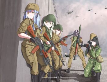 5girls absurdres aiming aircraft ak-74 ammunition_pouch armored_vehicle artist_name assault_rifle attack_helicopter ave_mujica_(bang_dream!) bang_dream! bang_dream!_it&#039;s_mygo!!!!! barbed_wire berezka_camouflage black_boots black_gloves black_hair blonde_hair blue_hair blunt_bangs bmp-2 boots bulletproof_vest camouflage camouflage_jacket camouflage_pants cold_war combat_boots combat_helmet concrete_wall dragunov_svd field_cap firing garrison_cap gloves gp-25 green_hair grenade_launcher gun hair_ribbon hat helicopter helmet highres huge_filesize infantry_fighting_vehicle jacket kalashnikov_rifle light_machine_gun load_bearing_vest long_hair machine_gun medium_hair mi-24 military_combat_uniform military_uniform military_vehicle misumi_uika motor_vehicle multiple_girls on_one_knee one_eye_closed pants pouch purple_eyes purple_hair red_star ribbon rifle road rocket_(projectile) rocket_launcher rpg rpg-7 rpg_(weapon) rpk-74 sci_(31134306) scope semi-automatic_rifle serious shadow sidelocks sniper_rifle soldier soviet soviet_army ssh-68_combat_helmet star_(symbol) street tank togawa_sakiko two_side_up underbarrel_grenade_launcher wakaba_mutsumi war weapon weapon_on_back yahata_umiri yellow_eyes yellow_hat yellow_jacket yellow_pants yuutenji_nyamu