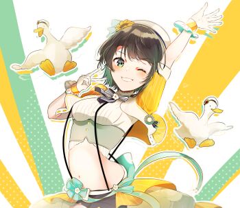 1girl ;) absurdres arms_up award_ribbon belt beret bird black_bow black_bowtie black_hair black_shorts blue_eyes bow bowtie breasts brooch center_frills colorful_background commentary_request corset cowboy_shot cropped_jacket duck emutakanoe floral_print flower flower_brooch frilled_gloves frilled_shirt frills gloves green_background green_sash grey_corset hair_flower hair_ornament hat highres hololive jacket jewelry large_breasts layered_skirt looking_at_viewer midriff navel official_alternate_costume one_eye_closed oozora_subaru oozora_subaru_(starlight) orange_jacket orange_skirt overskirt parted_lips pinstripe_jacket pinstripe_pattern pinstripe_skirt polka_dot polka_dot_background sash shirt short-sleeved_jacket short_hair short_sleeves shorts skirt smile solo striped_bow striped_bowtie striped_clothes striped_skirt subaru_duck sunflower sunflower_hair_ornament suspender_shorts suspenders swept_bangs underbust v vertical-striped_clothes vertical-striped_skirt virtual_youtuber waist_bow white_background white_belt white_bow white_bowtie white_gloves white_hat white_shirt yellow_background