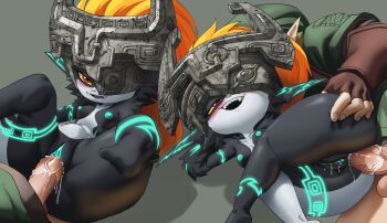 Rule 34 | 1boy, 1girl, absurdres, anal, anus, aqua nipples, aqua pussy, ass, black skin, colored nipples, colored pussy, colored sclera, colored skin, curvy, grabbing another's ass, groping, happy sex, helmet, helmet over one eye, highres, huge ass, imp, inker comics, link, lying, midna, multicolored skin, nintendo, on side, orange hair, pointy ears, pussy, sex, shortstack, size difference, smile, spooning, the legend of zelda, the legend of zelda: twilight princess, thick thighs, thighs, two-tone skin, vaginal, wide hips, yellow sclera