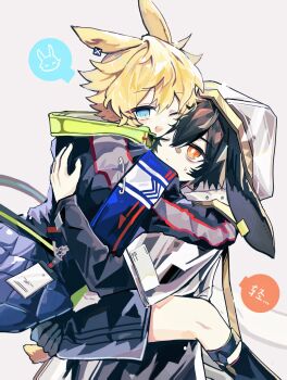 Rule 34 | 2boys, animal ear piercing, animal ears, arknights, ayerscarpe (arknights), bandaid, bandaid on face, bandaid on nose, baoshi xiao niao, black coat, black gloves, black shorts, black socks, blonde hair, blue eyes, brown background, carrying, carrying person, cheek-to-cheek, coat, feet out of frame, gloves, hand on another's ass, heads together, highres, hug, leonhardt (arknights), male focus, multiple boys, one eye closed, open mouth, orange eyes, rabbit ears, rabbit girl, rabbit tail, safety pin, shorts, simple background, smile, socks, tail, translation request, upper body, white coat, yaoi