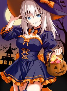 1girl bat_(animal) black_thighhighs blue_dress blue_eyes bow breasts candy castle dress feet_out_of_frame food full_moon girls_und_panzer grey_hair halloween halloween_costume hat highres holding itsumi_erika jack-o&#039;-lantern kamishima_kanon large_breasts long_hair moon night orange_bow outdoors smile solo standing thighhighs tree witch witch_hat