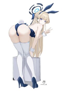 1girl absurdres animal_ear_hairband animal_ears ass bare_arms bare_back bare_shoulders bent_over blonde_hair blue_archive blue_eyes blue_hairband blue_halo blue_leotard blue_shoes blush braid breasts closed_mouth fake_animal_ears fake_tail from_behind hairband half_up_braid halo high_heels highres leotard long_hair looking_at_viewer official_alternate_costume official_alternate_hairstyle oto_jampan playboy_bunny rabbit_ear_hairband rabbit_ears rabbit_tail shoes solo strapless strapless_leotard tail thighhighs toki_(blue_archive) toki_(bunny)_(blue_archive) v white_background white_thighhighs