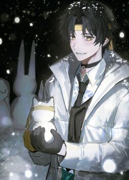 Rule 34 | 1boy, absurdres, asaba harumasa, asymmetrical gloves, black gloves, black hair, black necktie, blush, character snowman, coat, earrings, gloves, grin, hashtag-only commentary, headband, highres, holding snowman, jewelry, looking at viewer, male focus, mismatched gloves, necktie, night, nongxy nonshi, outdoors, pendant choker, shirt, short hair, sky, smile, snow on clothes, snow on head, snowing, snowman, solo, white coat, white shirt, yellow eyes, yellow gloves, yellow headband, zenless zone zero