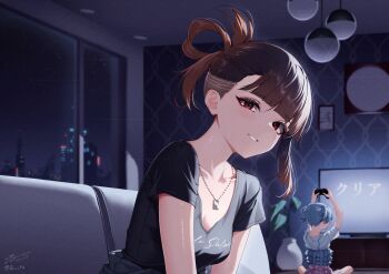 Rule 34 | 2 ru, 2girls, alternate hairstyle, black shirt, blue hair, braid, breasts, brown hair, building, cleavage, commentary, controller, couch, film grain, game controller, grin, hair rings, hands up, highres, holding, holding controller, holding game controller, indoors, jewelry, kasane ao, looking at viewer, magia record: mahou shoujo madoka magica gaiden, mahou shoujo madoka magica, medium breasts, medium hair, multiple girls, necklace, night, on couch, ooba juri, parted lips, print shirt, red eyes, shirt, short hair, short sleeves, signature, skyscraper, smile, solo focus, television, twintails, undercut, wallpaper (object), window