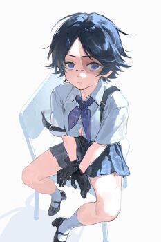 1girl alternate_costume beikupangxie between_legs black_gloves black_hair blue_eyes blue_neckerchief blue_skirt breasts bridge_piercing button_gap chair face_piercing furrowed_brow genderswap genderswap_(mtf) gloves hand_between_legs high_heels highres identity_v looking_at_viewer mary_janes medium_breasts middle_part neckerchief norton_campbell on_chair piercing shirt shoes skirt socks solo spread_legs strap_slip suspenders white_shirt white_socks