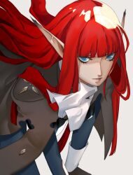 Rule 34 | 1girl, absurdres, ascot, blue eyes, blunt bangs, brown coat, coat, commentary, eyelashes, highres, hulkenberg (metaphor: refantazio), leaning forward, long hair, long pointy ears, looking at viewer, metaphor: refantazio, pertex 777, pointy ears, red hair, simple background, solo, white ascot, white background