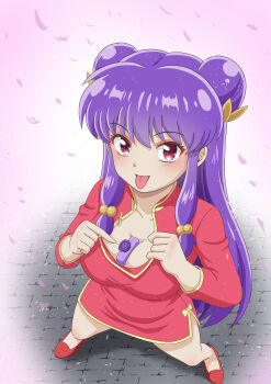 1girl absurdres between_breasts breasts chinese_clothes hair_ornament highres looking_at_viewer medium_breasts purple_hair ranma_1/2 red_eyes shampoo_(ranma_1/2) tagme tongue tongue_out