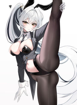 1girl absurdres animal_ears between_breasts black_choker black_hair black_leotard black_pantyhose black_streaks blue_necktie blush breasts bryuni buttons choker cleavage closed_mouth collared_shirt crossed_bangs fake_animal_ears gloves grey_shirt groin hair_between_eyes hair_intakes hand_up highleg highres holding_own_leg large_breasts leg_up leotard long_hair long_sleeves looking_at_viewer multicolored_hair navel necktie necktie_between_breasts original pantyhose playboy_bunny ponytail rabbit_ears shirt sidelocks simple_background solo split standing standing_on_one_leg standing_split streaked_hair symbol-shaped_pupils undersized_breast_cup very_long_hair white_background white_gloves white_hair white_wrist_cuffs wing_collar wrist_cuffs yellow_eyes