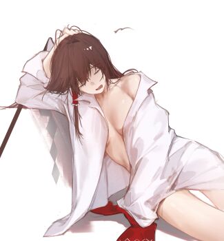 1girl alternate_costume breasts brown_hair closed_eyes commentary english_commentary frilled_hair_tubes frills gohei hair_tubes hakurei_reimu highres long_hair naked_shirt open_clothes open_mouth open_shirt s0gno shirt simple_background single_hair_tube sleeping solo touhou white_background white_shirt