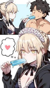 1boy 1girl absurdres artoria_pendragon_(fate) bad_source bikini black_bikini black_hair blonde_hair blush breasts cleavage closed_eyes ebora fate/grand_order fate_(series) food fujimaru_ritsuka_(male) highres long_sleeves maid maid_bikini maid_headdress medium_breasts medium_hair popsicle saber_alter saber_alter_(swimsuit_rider)_(second_ascension) short_hair sidelocks swimsuit unconventional_maid yellow_eyes