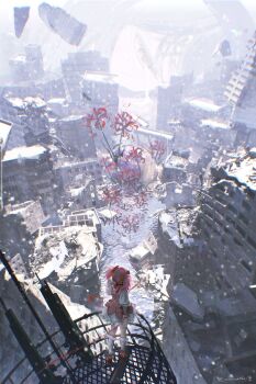 1girl akemi_homura bow bow_choker bubble_skirt choker dress flower frilled_socks frills full_body hashtag-only_commentary highres homulilly kaname_madoka kaname_madoka_(magical_girl) magical_girl mahou_shoujo_madoka_magica mahou_shoujo_madoka_magica_(anime) momoatls pink_dress pink_hair post-apocalypse puffy_short_sleeves puffy_sleeves red_choker red_shoes rubble ruins shirt shoes short_sleeves short_twintails skirt socks solo spider_lily standing twintails white_shirt white_socks wide_shot