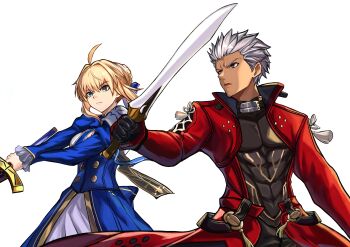 1boy 1girl absurdres archer_(fate) archer_(honkai:_star_rail)_(fate) artoria_pendragon_(fate) coat dark-skinned_male dark_skin excalibur_(fate/stay_night) fate/stay_night fate/unlimited_blade_works fate_(series) highres iamainwork kanshou_&amp;_bakuya_(fate) open_clothes open_coat red_coat saber_(fate) saber_(honkai:_star_rail)_(fate) spiked_hair