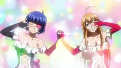 2girls animated anime_screenshot blue_hair breast_press breasts cleavage eyepatch highres ikkitousen ikkitousen_xtreme_xecutor large_breasts long_hair multiple_girls orange_hair ryomou_shimei sonsaku_hakufu symmetrical_docking tagme video