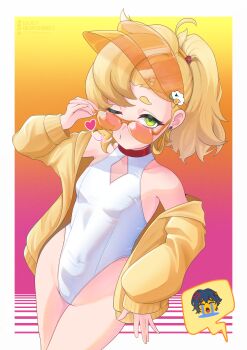 2girls absurdres blonde_hair blue_archive breasts clothing_cutout cosplay covered_navel diamond_cutout ellen_joe gradient_background green_eyes highleg highleg_one-piece_swimsuit highres jacket loli long_hair multiple_girls one-piece_swimsuit open_mouth orange-tinted_eyewear piper_wheel raiso seia_(blue_archive) seia_(blue_archive)_(cosplay) seia_(swimsuit)_(blue_archive) side_ponytail small_breasts solo_focus spoken_character standing sunglasses swimsuit tinted_eyewear visor_cap white_one-piece_swimsuit yellow_jacket yellow_visor zenless_zone_zero