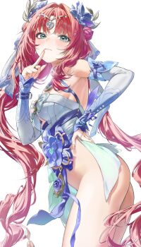 1girl absurdres aqua_eyes ass bottomless breasts circlet commentary cowboy_shot deokgi_(hongdeosgi) detached_sleeves double_bun dress finger_to_mouth flower genshin_impact hair_bun hair_flower hair_ornament hand_on_own_hip hashtag-only_commentary highres long_hair looking_at_viewer medium_breasts nilou_(breeze_of_sabaa)_(genshin_impact) nilou_(genshin_impact) no_panties official_alternate_costume parted_bangs purple_flower red_hair sleeveless sleeveless_dress solo symbol-only_commentary twintails very_long_hair vision_(genshin_impact) white_background white_dress
