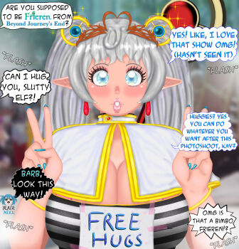 barbie_(fellatrix) bikini bimbofication blair_(fellatrix) blue_eyes blue_nails blush breasts cleavage clueless convention convention_greeting cosplay cosplayer double_v earrings eddarxart elf english_text fellatrix fingernails free_hugs frieren_(cosplay) grey_hair gyaru gyaru_v hair_ornament happy hatsune_miku_(cosplay) incoming_attack jewelry large_breasts long_ears long_eyelashes long_fingernails long_twintails magical_girl makeup peace_symbol people pink_bikini pink_lips pointy_ears puckered_lips red_earrings ringlets smile sousou_no_frieren speech_bubble staff striped_clothes swimsuit talking tiara translated twintails upper_body v vest