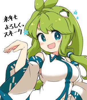 1girl :d bare_shoulders blue_eyes breasts collared_shirt commentary_request detached_sleeves green_hair hand_on_own_hip happy kochiya_sanae long_hair long_sleeves looking_at_viewer medium_breasts midriff_peek navel open_mouth shirt simple_background smile solo thick_eyebrows touhou translation_request uisu_(noguchipint) very_long_hair white_background white_shirt white_sleeves wide_sleeves