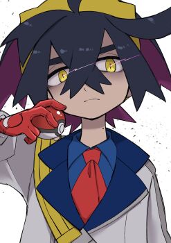 1boy arm_up ayakadegozans black_hair blue_shirt closed_mouth collared_shirt commentary_request crossed_bangs frown gloves highres kieran_(pokemon) league_club_uniform male_focus multicolored_hair necktie nintendo pokemon pokemon_sv purple_hair red_gloves red_necktie shirt simple_background slit_pupils solo white_background wing_collar yellow_eyes