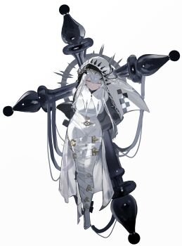 Rule 34 | 1girl, 4deung, absurdres, arms behind back, belt, bishop (chess), board game, bound, chess, chess piece, commentary, commentary request, dress, fleur-de-lis, full body, grey eyes, half-closed eyes, hat, highres, long hair, nun, original, personification, simple background, solo, tied up (nonsexual), white background, white dress, white hair, white hat