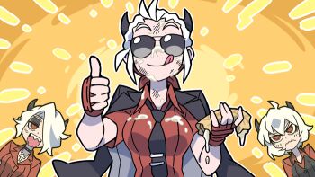 3girls ahoge black_horns black_jacket black_necktie black_vest breasts choker collared_shirt commentary cross cross_necklace demon_girl demon_horns face_piercing fingerless_gloves food food_on_clothes food_on_face gloves hair_over_one_eye helltaker holding holding_food horns jacket jacket_on_shoulders jewelry justice_(helltaker) kyo-hei_(kyouhei) lip_piercing malina_(helltaker) multiple_girls necklace necktie open_mouth pancake piercing red_eyes red_gloves red_shirt sharp_teeth shirt short_sleeves siblings sisters smile symbol-only_commentary teeth thumbs_up tie_clip tongue tongue_out vest white_hair zdrada_(helltaker)