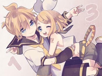 1boy 1girl anniversary aoi_choko_(aoichoco) arm_warmers bare_shoulders belt black_collar black_shorts blonde_hair blue_eyes bow collar commentary crop_top grey_collar grey_shorts grey_sleeves hair_bow hair_ornament hairclip headphones hug index_finger_raised kagamine_len kagamine_rin looking_at_viewer midriff neckerchief necktie one_eye_closed open_mouth ponytail sailor_collar school_uniform shirt short_hair short_ponytail short_shorts short_sleeves shorts shoulder_tattoo smile spiked_hair swept_bangs tattoo vocaloid w white_bow white_shirt yellow_neckerchief