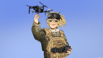 1girl 35th_marine_brigade ammunition_pouch blonde_hair blue_sky body_armor bulletproof_vest camouflage camouflage_jacket controller cyrillic digital_camouflage dji_mavic drone flag green_eyes head-mounted_display highres holding holding_controller jacket load_bearing_equipment load_bearing_vest magazine_(weapon) messy_hair military military_combat_uniform military_fatigues military_uniform open_mouth outdoors pouch quadcopter russo-ukrainian_war signature simple_background sky smile soldier solo tanya_degurechaff tanya_degurechaff_(sleepwalker) translated tryzub ukraine ukrainian_flag ukrainian_marine_corps ukrainian_text usergore youjo_senki
