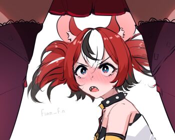 animal_ears black_hair blue_eyes blush collar fian_f.n hakos_baelz hakos_baelz_(1st_costume) hololive hololive_english irys_(hololive) mouse_ears mouse_girl multicolored_hair red_hair shirt spiked_collar spikes streaked_hair thighhighs twintails virtual_youtuber white_background white_hair