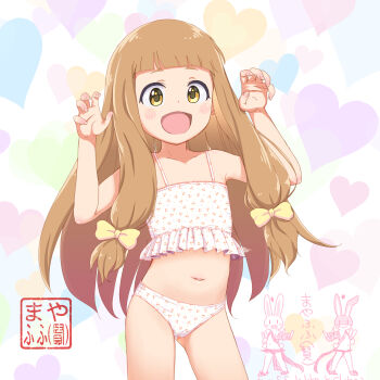 1girl :d absurdres bikini bow brown_hair flat_chest frilled_bikini frills hair_bow has_bad_revision has_downscaled_revision highres ichihara_nina idolmaster idolmaster_cinderella_girls idolmaster_cinderella_girls_u149 loli long_hair looking_at_viewer mayafufu md5_mismatch navel open_mouth resolution_mismatch smile solo source_smaller swimsuit white_bikini yellow_bow