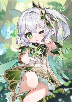 >_< 1girl anklet bloomers bracelet braid bright_pupils commentary_request cross-shaped_pupils detached_sleeves dress eyelashes finger_frame fringe_trim full_body fungi_(genshin_impact) genshin_impact gold gold_trim green_eyes green_hair green_skirt green_sleeves hair_between_eyes hair_intakes hair_ornament half_crown_braid heart highres jewelry knees leaf leaf_hair_ornament long_hair looking_at_viewer multicolored_hair nahida_(genshin_impact) one_eye_closed pointy_ears shirama_(c2h76_5) side_ponytail sidelocks skirt solo stirrup_footwear stirrup_legwear streaked_hair symbol-shaped_pupils toeless_legwear two-sided_fabric two-sided_skirt underwear white_bloomers white_dress white_hair white_pupils