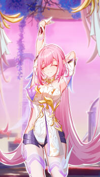 1girl absurdres black_shorts breasts chinese_commentary commentary_request corset elf elysia_(herrscher_of_human:_ego)_(honkai_impact) elysia_(honkai_impact) highres honkai_(series) honkai_impact_3rd large_breasts long_hair pink_hair pink_sky pointy_ears short_shorts shorts sky solo stretching thigh_strap thighs triquetra very_long_hair white_corset wuling_yl