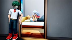 1girl 2boys 3d age_difference animated ass bed blue_hair boku_no_hero_academia clothed_sex cowgirl_position dress eri_(boku_no_hero_academia) girl_on_top glowing_horn hetero high_heels highres holding_hands loli long_hair midoriya_izuku multiple_boys penis ponchi red_dress riding sex silver_hair sound straddling tagme togata_mirio uncensored video