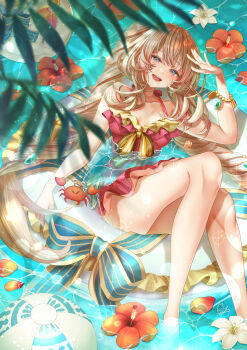 1girl absurdres bare_shoulders blue_eyes blush breasts cleavage collarbone dress_swimsuit fate/grand_order fate_(series) highres long_hair looking_at_viewer marie_antoinette_(fate) marie_antoinette_(swimsuit_caster)_(first_ascension)_(fate) medium_breasts one-piece_swimsuit open_mouth red_one-piece_swimsuit red_swimsuit sidelocks smile solo swimsuit totomiya twintails very_long_hair white_hair