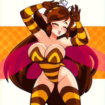 1girl against_glass arms_up artist_name bee_costume blush breast_press breasts breasts_on_glass brown_gloves brown_hair brown_leotard brown_thighhighs closed_eyes commentary cowboy_shot elbow_gloves english_commentary fake_antennae gloves hairband highres large_breasts leotard long_hair multicolored_leotard orange_background original pointy_ears polka_dot polka_dot_background shirt simple_background smile solo strapless strapless_leotard striped_clothes striped_gloves striped_leotard striped_thighhighs susie_(susiehatter) susie_hatter teeth thighhighs thighs two-tone_gloves two-tone_leotard two-tone_thighhighs upper_teeth_only very_long_hair white_shirt wings yellow_gloves yellow_leotard yellow_thighhighs