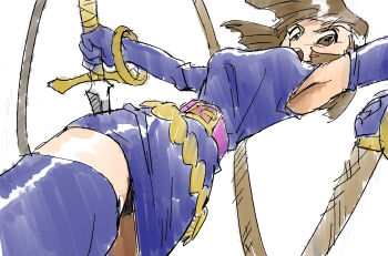 1girl belt breasts brown_hair dress elbow_gloves gloves highres holding holding_weapon holding_whip jewelry lady_stalker:_kako_kara_no_chousen looking_at_viewer open_mouth shino_(2919) short_hair simple_background skirt solo thighhighs weapon white_background