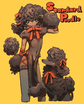 1boy animal_ears arm_up bright_pupils brown_dress brown_eyes brown_hair closed_mouth commentary_request cowboy_shot cropped_legs curly_hair dog dog_boy dog_ears dog_tail dress english_text hair_ribbon highres looking_at_viewer male_focus original pelvic_curtain personification poodle red_ribbon ribbon shima_(wansyon144) short_hair simple_background smile solo standing tail thigh_strap trap yellow_background