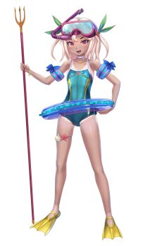 blonde_hair brown_eyes choker diving_mask flippers float floaty goggles hair_ornament happy highres holding holding_weapon homura_yuni lilith-soft looking_at_viewer minakami_chika official_art one-piece_swimsuit petite polearm short_hair smile snorkel swimsuit taimanin_(series) taimanin_rpgx tan tanline trident weapon white_background