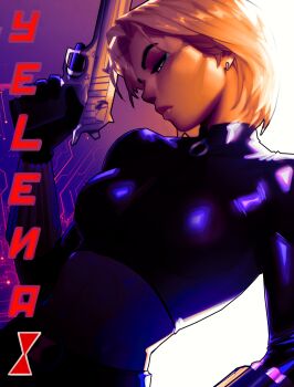 Rule 34 | 1girl, absurdres, black bodysuit, blonde hair, bodysuit, character name, commentary, earrings, english commentary, gun, handgun, highres, jewelry, maebiel, marvel, revolver, short hair, solo, striped bodysuit, superhero costume, thunderbolts (movie), weapon, yelena belova