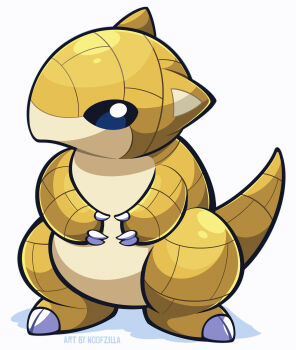 artist_name black_eyes bright_pupils claws closed_mouth commentary english_commentary full_body gen_1_pokemon highres looking_back nintendo no_humans pokemon pokemon_(creature) sandshrew simple_background solo standing white_background white_pupils woofzilla