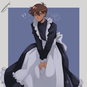 Rule 34 | !?, 1boy, absurdres, alternate costume, alternate eye color, antenna hair, artist name, brown eyes, brown hair, choccymilk303, commentary, crossdressing, crossdressing (mtf), dark-skinned male, dark skin, double-parted bangs, english commentary, enmaided, flying sweatdrops, hair between eyes, hero (faraway) (omori), hero (omori), highres, long sleeves, maid, male focus, male maid, omori, open mouth, short hair, solo, something (omori), sweat