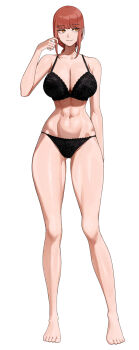 1girl abs black_bra black_panties bra breasts chainsaw_man cleavage closed_mouth full_body gluteal_fold hand_up highres large_breasts makima_(chainsaw_man) navel orange_eyes panties red_hair ringed_eyes senju_(snz0) sidelocks simple_background smile solo standing toned toned_female underwear white_background