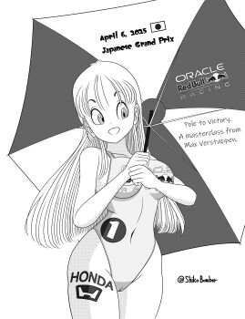 1girl alternate_costume bare_shoulders breasts bulma cameltoe cleavage curvy dated dragon_ball dragon_ball_(classic) english_text highleg highleg_one-piece_swimsuit highres holding holding_umbrella honda long_hair monochrome one-piece_swimsuit open_mouth race_queen red_bull shikobomber simple_background triangle_mouth umbrella white_background wide_hips