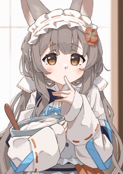 1girl absurdres animal_ears arknights blue_ribbon blush bowl brown_eyes brown_flower commentary finger_to_mouth flower frilled_hairband frills grey_hair hair_flower hair_ornament hairband hand_up highres holding holding_bowl long_hair long_sleeves melerdon ribbon ribbon-trimmed_hairband ribbon-trimmed_sleeves ribbon_trim shirt sleeves_past_wrists solo upper_body warmy_(arknights) white_hairband white_shirt