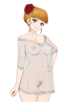 1girl arm_at_side beatrice_(umineko) blonde_hair blue_eyes braid breasts carlo_montie closed_mouth commentary commission covered_erect_nipples cowboy_shot earrings english_commentary female_pubic_hair flower hair_flower hair_ornament hand_on_own_hip head_tilt highres jewelry large_breasts light_blush light_smile lingerie navel necklace negligee nightgown nipples pubic_hair pussy red_flower red_rose rose see-through_clothes sidelocks simple_background single_earring sleepwear solo umineko_no_naku_koro_ni uncensored underwear white_background
