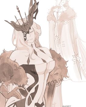 1girl absurdres bare_shoulders black_mask breasts cleavage dress elbow_gloves fatui_coat fur_trim genshin_impact gloves highres hummingobserver lace-trimmed_eyepatch large_breasts long_hair mask mask_over_one_eye one_eye_covered signora_(genshin_impact) sketch solo