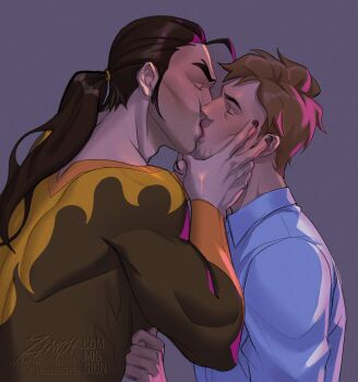 2boys black_nails blue_shirt bodysuit brown_hair closed_eyes collared_shirt commentary commission dispatch english_commentary flambae_(dispatch) forked_eyebrows from_side grey_background hand_on_another's_face highres kiss long_hair long_sleeves male_focus multiple_boys nail_polish parted_hair ponytail robert_robertson shirt upper_body watermark wing_collar yaoi zinch15025