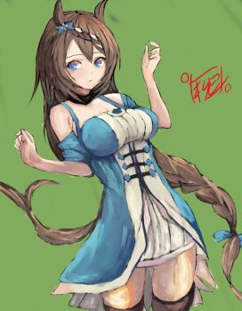Rule 34 | 1girl, animal ears, black thighhighs, blue dress, blue eyes, braid, brown hair, dress, green background, horse ears, horse girl, long hair, looking at viewer, ponytail, skirt, solo, super creek (umamusume), thighhighs, twin braids, umamusume, very long hair, white skirt, white streaks, yanagi wakana